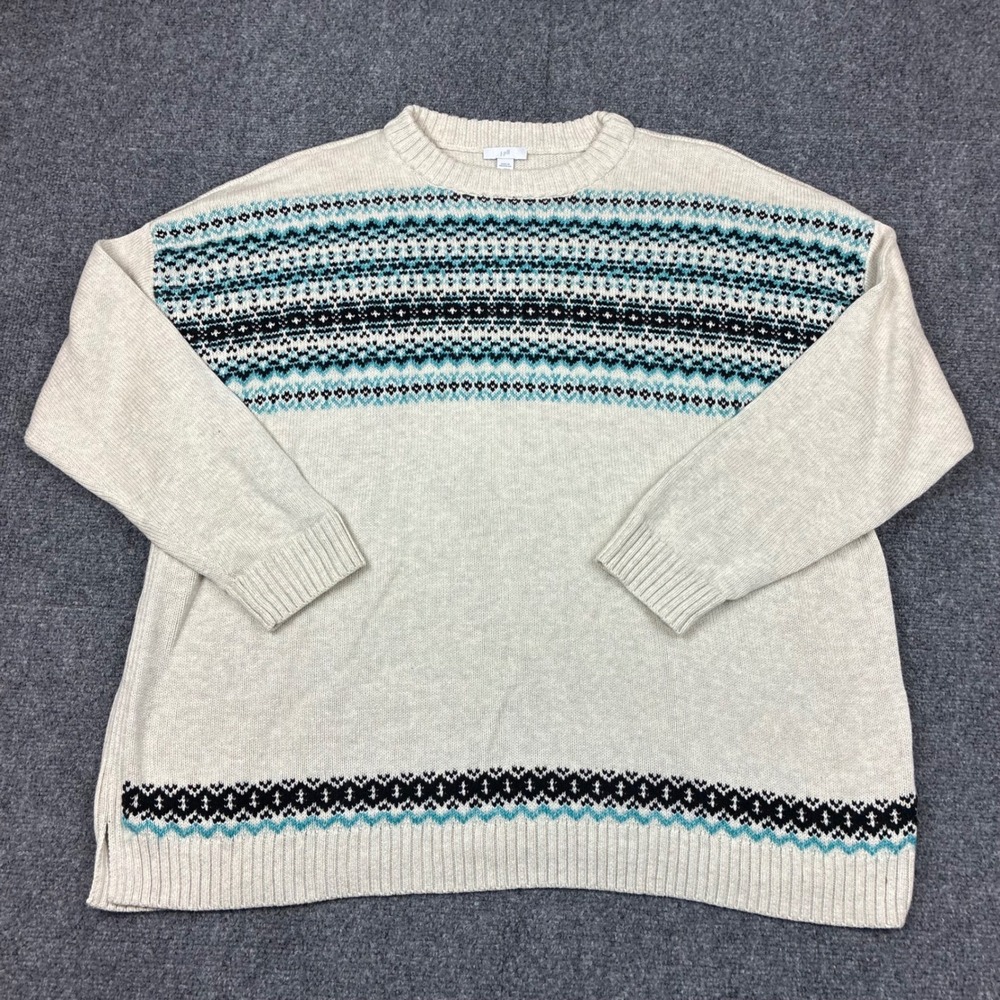 J. Jill Fair Isle Crew Neck Sweater Cream Teal Black Knit Pullover Womens Large
